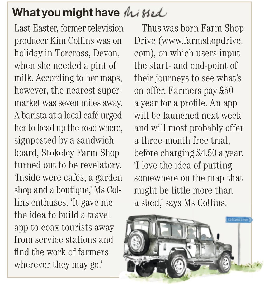 Country Life clipping, 'What you might have missed': the story of how Kim Collins started Farm Shop Drive